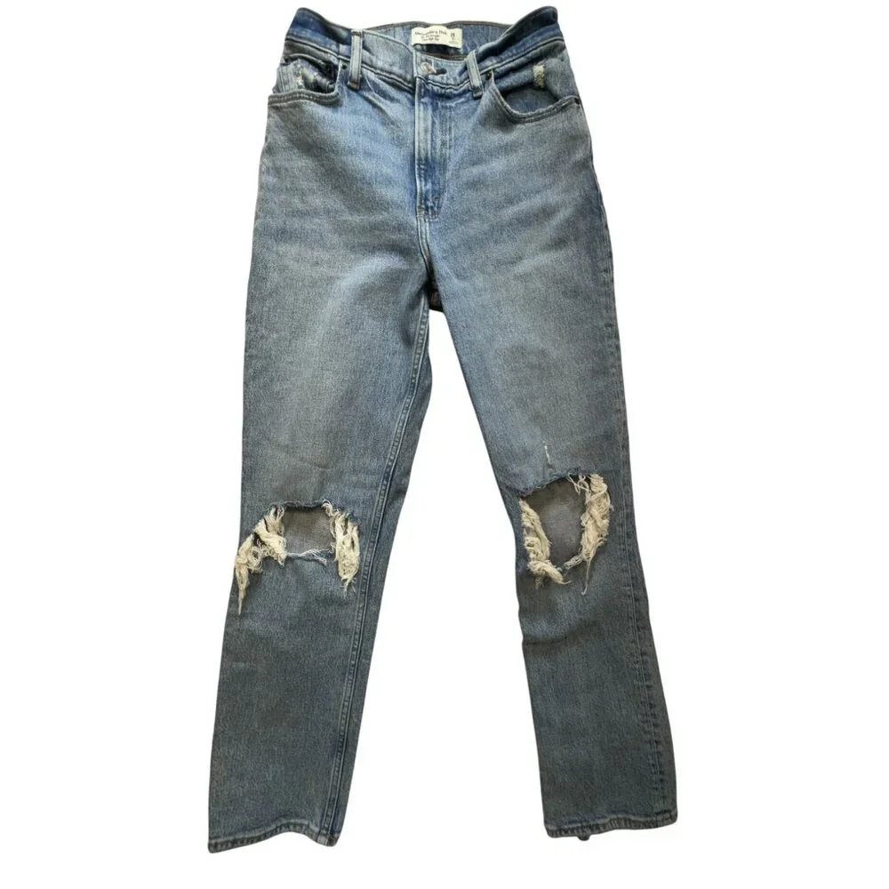 Abercrombie & Fitch 90s Straight Jeans Womens 26/2 Blue Denim Hi-Rise Distressed - Picture 1 of 12